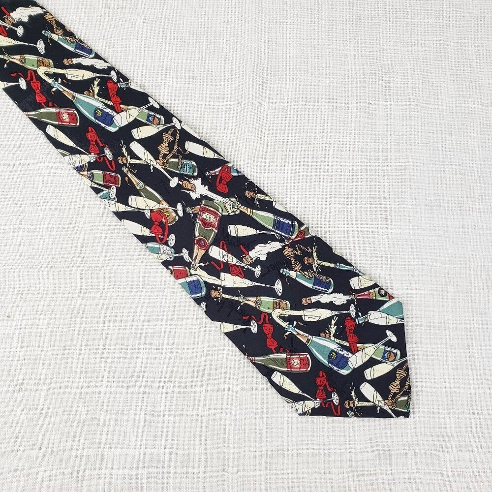 Nicole Miller Silk Tie Champagne Bottles Glasses Bow Ties Novelty 1997 Korea Nic